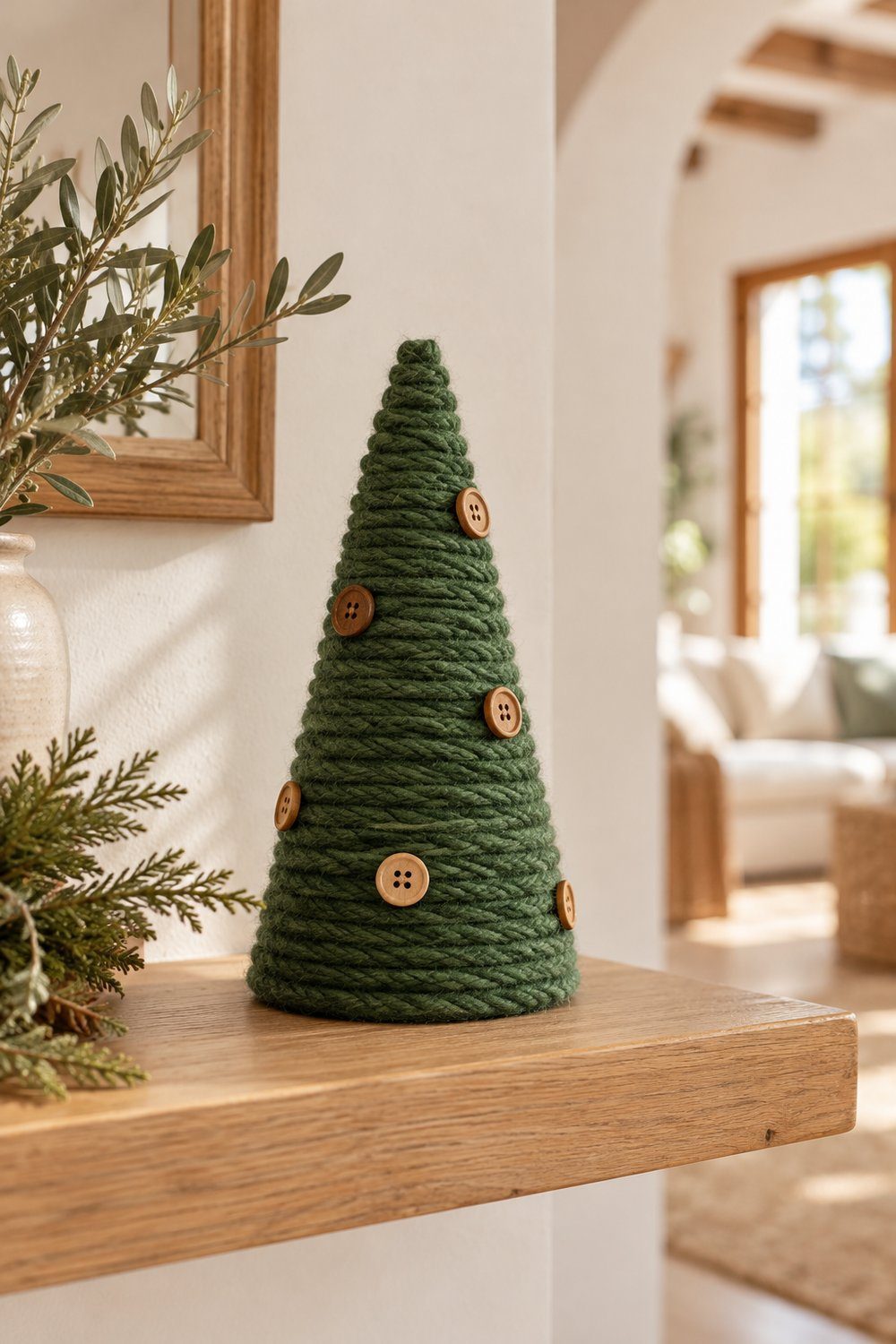 Árbol de lana verde con botones sobre una balda de madera clara