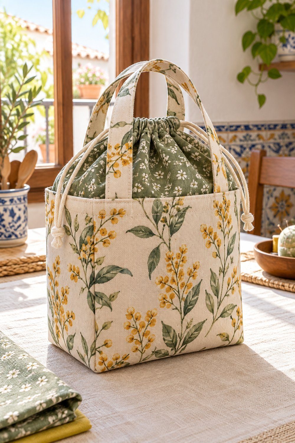 Bolsos de tela: patrones Bolsa para comida con asas cortas y cobertor superior cerrado mediante cordón