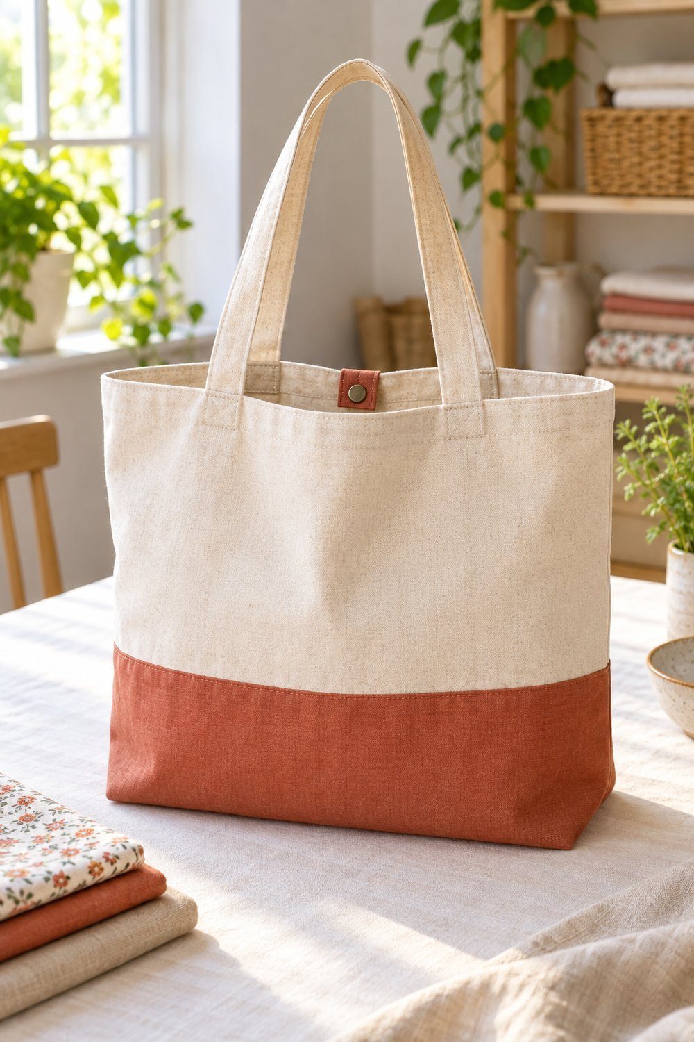 Bolsos de tela: patrones Bolsa de compra bicolor desplegada con pestaña y broche para recogerla