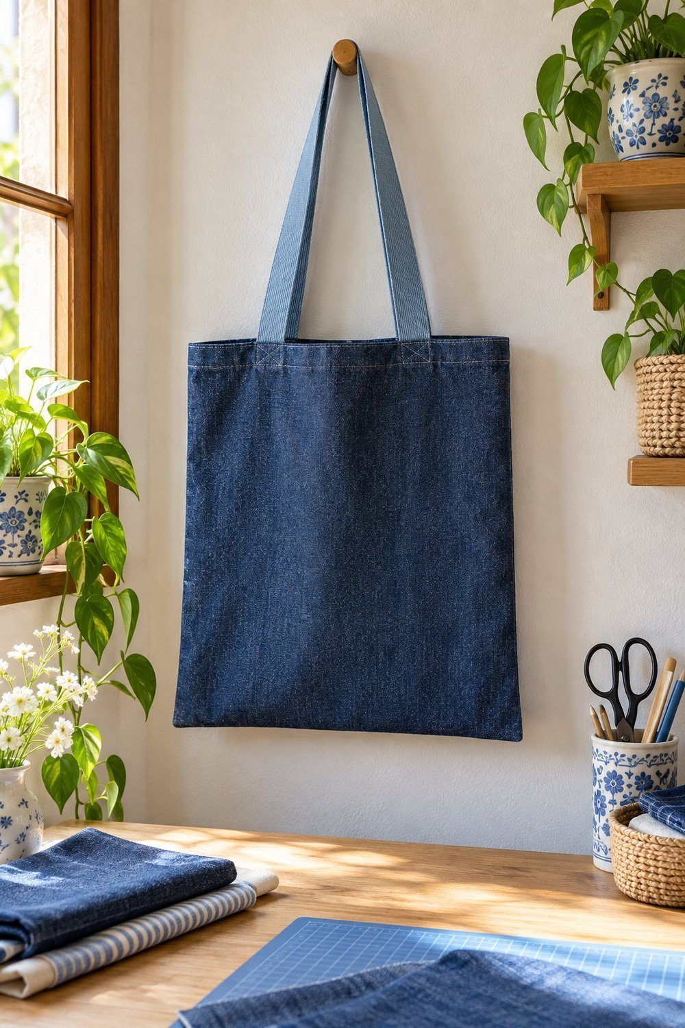 Bolsos de tela: patrones Bolsa plana de denim con asas de cinta y boca abierta