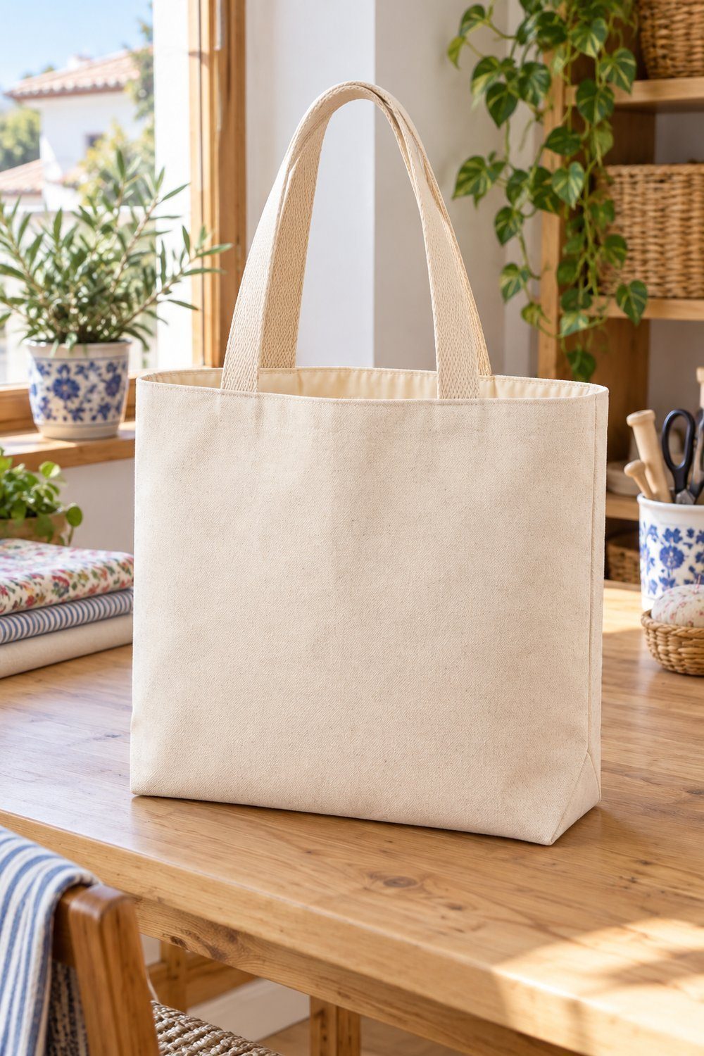 Bolsos de tela: patrones Bolso tote de loneta con forro y asas de cinta sobre mesa