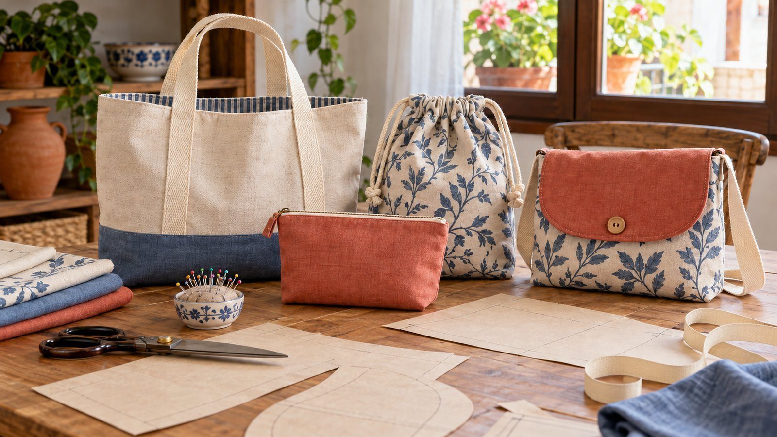 Bolsos de tela: patrones Cuatro bolsos de tela con distintos cierres sobre una mesa de costura