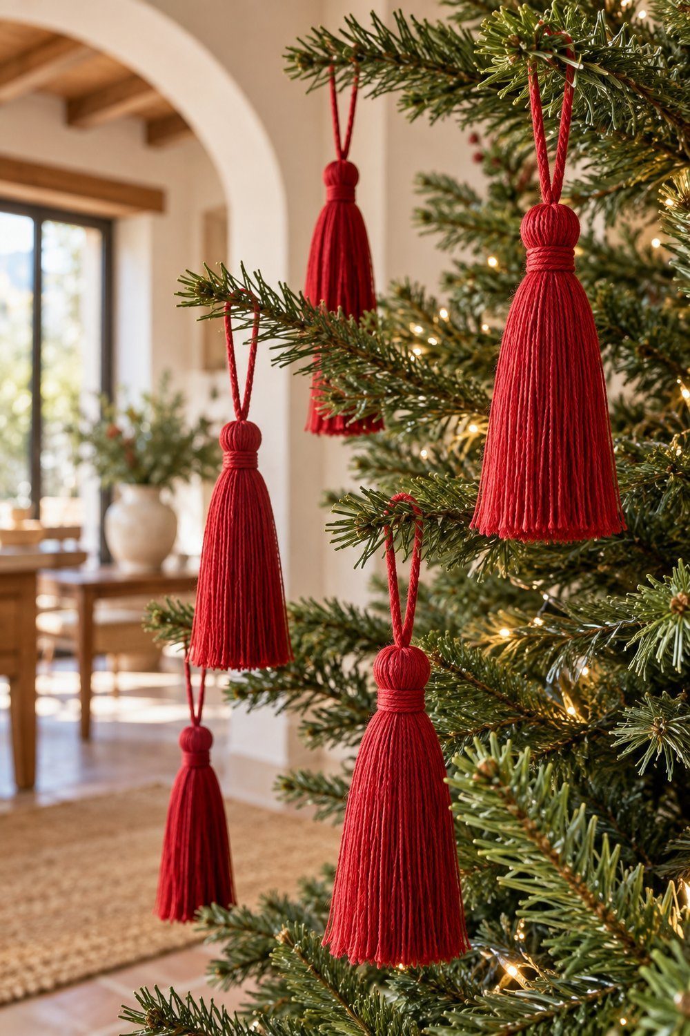 Borlas rojas de mouliné con cuello anudado colgadas de ramas verdes navideñas