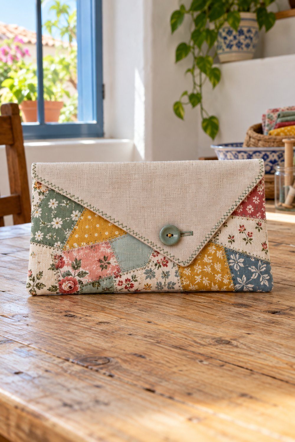 Bolsos de tela: patrones Cartera de retales multicolores con solapa asimétrica en pico y botón