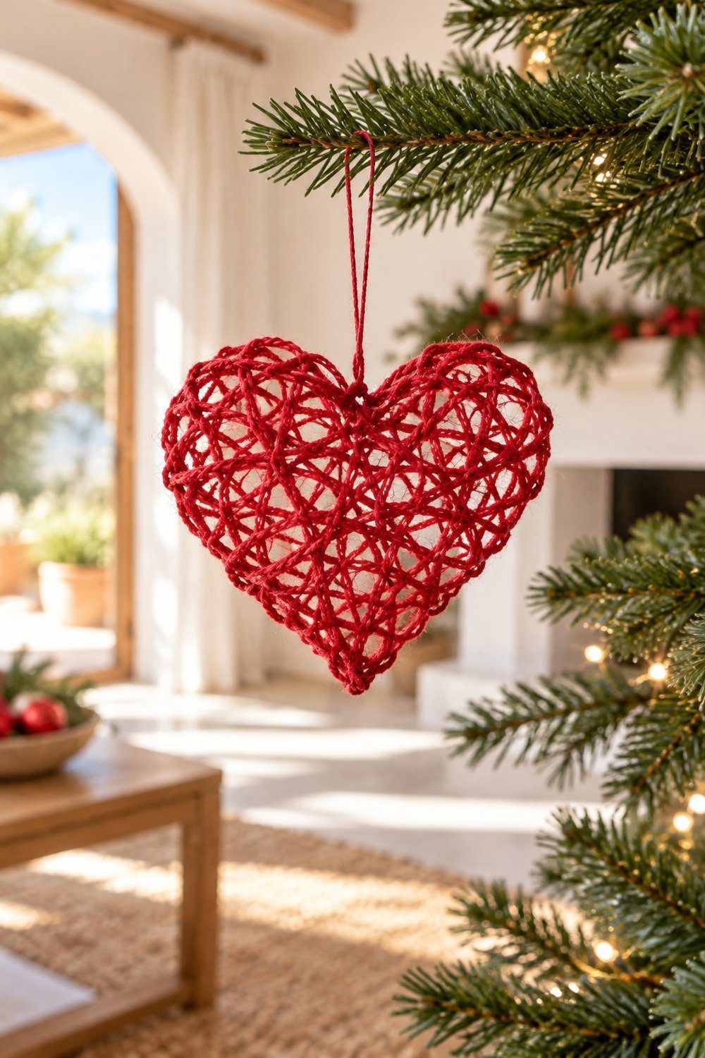 Corazón rojo calado de lana endurecida suspendido entre ramas del árbol navideño