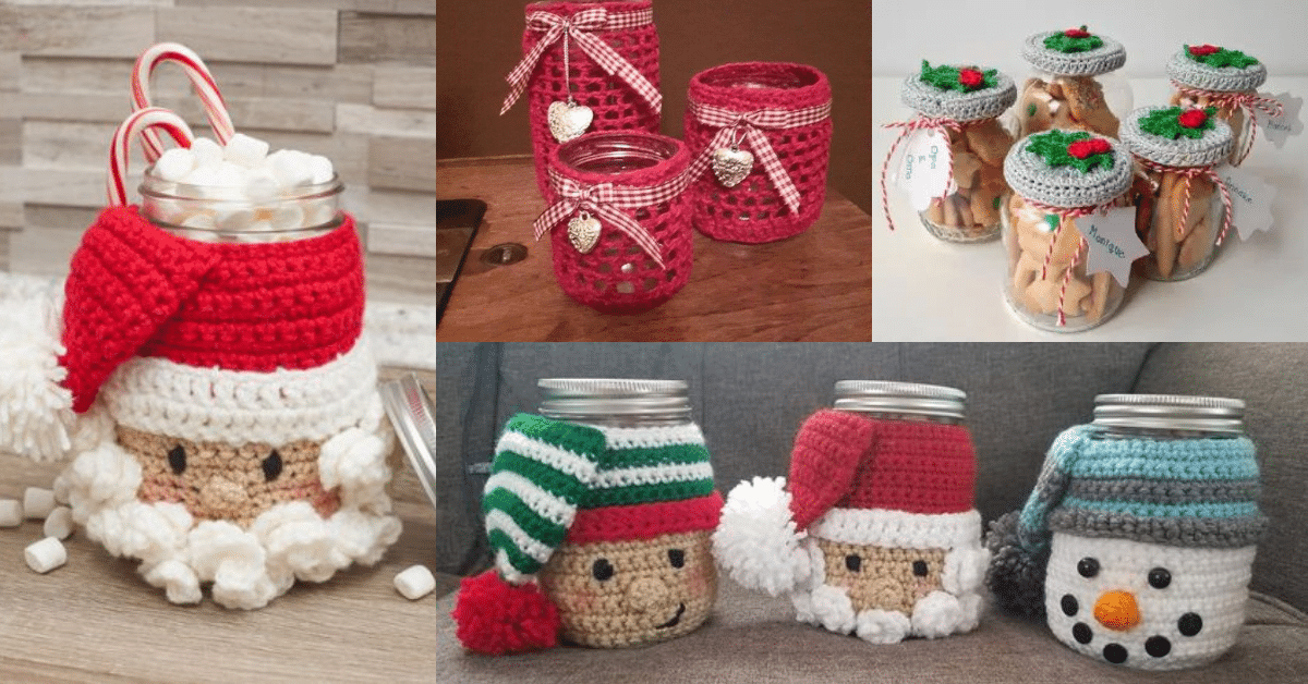 decorar frascos para navidad con crochet