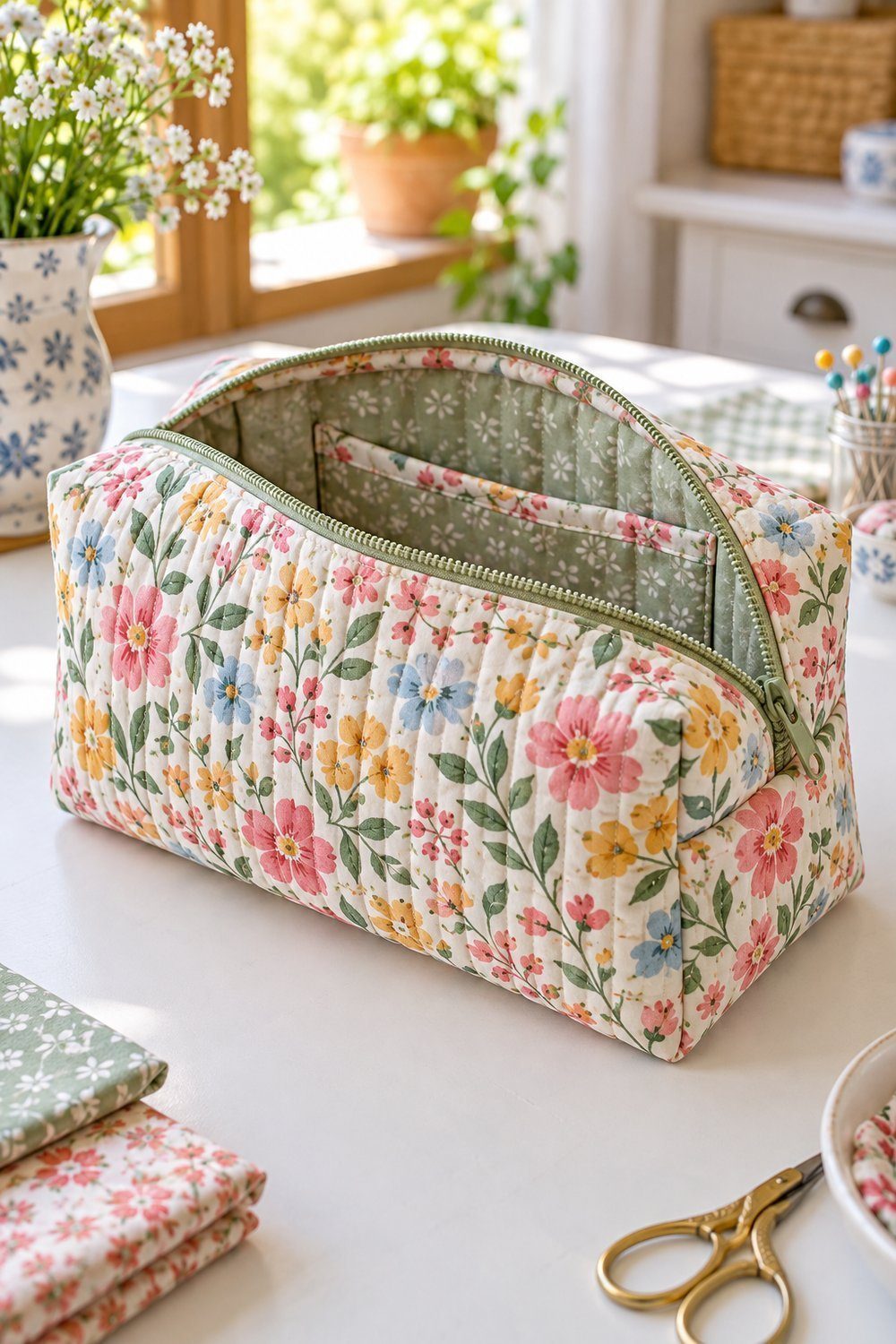 Bolsos de tela: patrones Neceser acolchado de tela estampada con cremallera y pequeño bolsillo interior